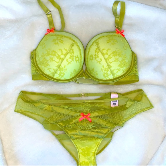 2 PC Set Victoria secret very sexy 32DD Bra Yellow Green fishnet Small Panty